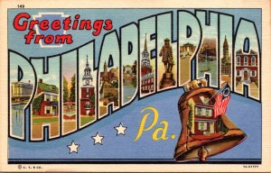 Pennsylvania Greetings From Philadelphia Large Letter Linen 1950 Curteich