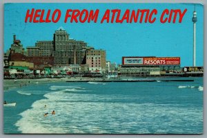 Postcard Atlantic City NJ 1980 Hello From Atlantic City Panoramic View Over Surf