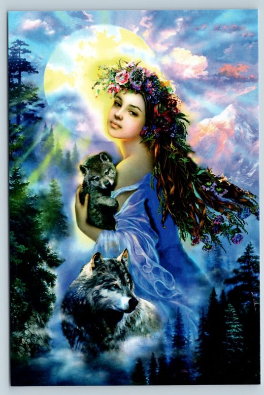 PRETTY GIRL with Gray Wolves in Night Forest Moon Fantasy New Unposted Postcard