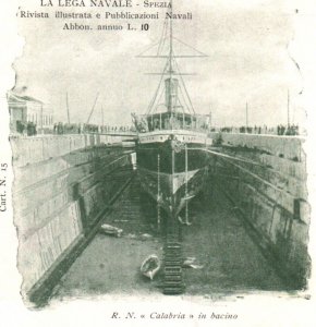 Postcard Italian Royal Navy Cruiser Calabria in Basin