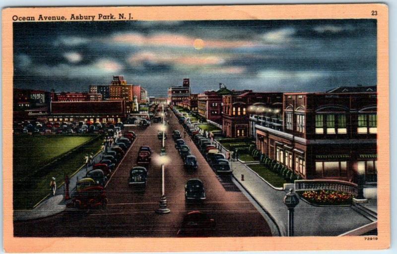 ASBURY PARK, New Jersey NJ   Moonlight View  OCEAN AVENUE Street Scene  Postcard