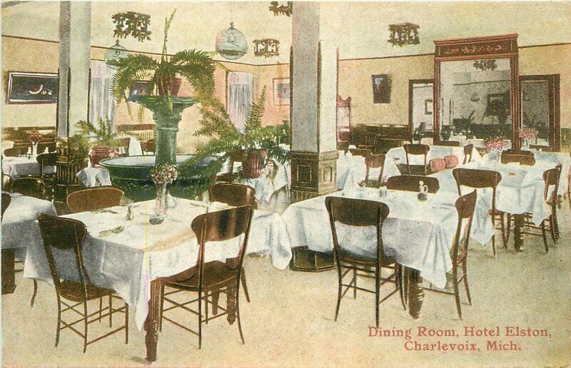 Charlevoix Michigan Dining room interior Hotel Elston C-1910 Postcard 8126