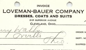 1938 LOVEMAN-BAUER CO. CLEVELAND OH DRESSES COATS SUITS BILLHEAD INVOICE Z1178