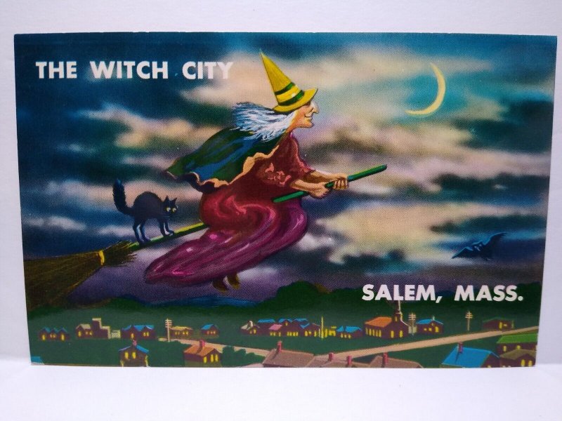 Halloween Postcard Salem Witch City Crescent Moon Black Cat Church Village Below