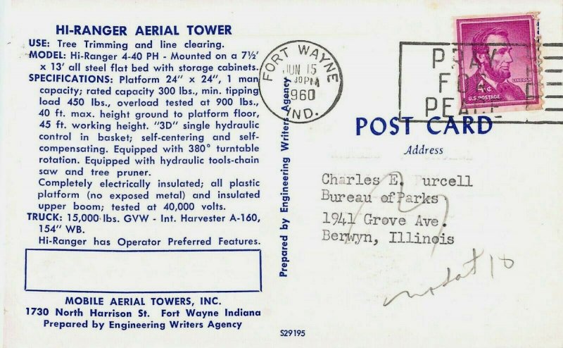 HI RANGER 4-40 PH-AERIAL TOWER~TREE TRIMMING & LIN CLEARING~ADVERTISING POSTCARD