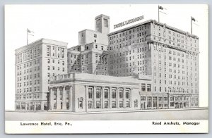 Erie Pennsylvania~Lawrence Hotel St View~Sign~Flags~Mgr Anshutz~1950s Postcard