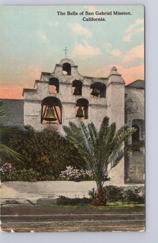 The Bells Of San Gabriel Mission, California, Antique Carlin Postcard