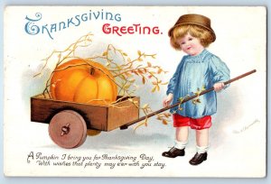 1920 Thanksgiving Greeting Boy Little Wagon Pumpkin Ellen Clapsaddle Postcard