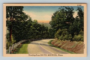 South Berwick, ME-Maine, Scenic Greeting, Tree Lined Road, Linen Postcard