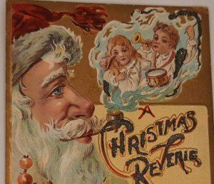 Postcard Christmas Reverie Santa Smoking a pipe with children in smoke - glitter