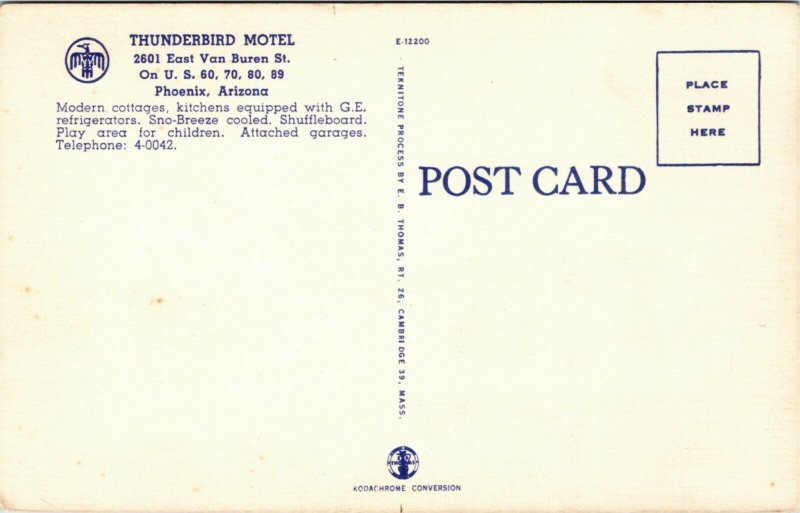 Postcard AR Phoenix Thunderbird Motel Highways 60, 70, 80, 89 LINEN 1940s L14