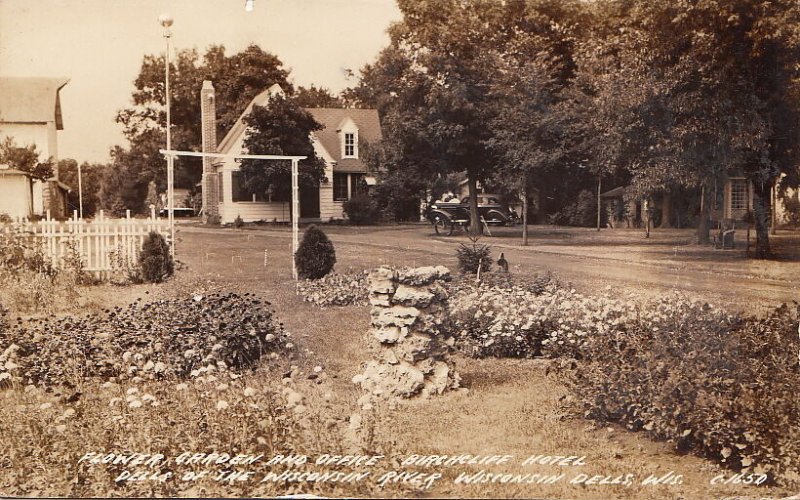 Postcard RPPC Flower Garden + Office Birchcliff Hotel Wisconsin Dells WI