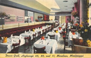 DAVIS GRILL RESTAURANT MERIDIAN MISSISSIPPI POSTCARD 1951