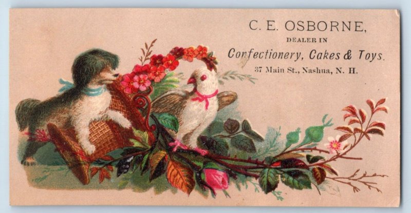 1880s C.E. Osborne Confectionery Cakes & Toys Cute Fluffy Dog & Bird P197