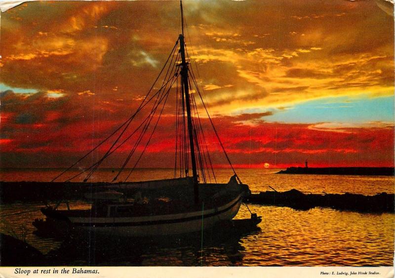 Sloop Boat Bahamas Sunset pm 1976 Caribbean Postcard