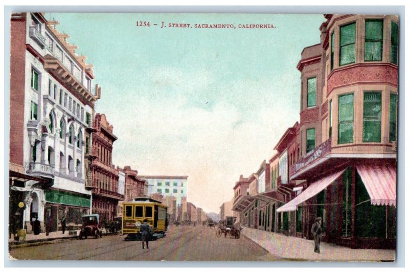 Sacramento California Postcard J Street Streetcar Exterior Building 1910 Vintage