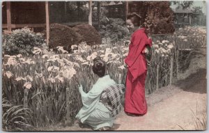 Horikiri Iris Garden Tokyo Japan Girls Picking Up Flowers Postcard