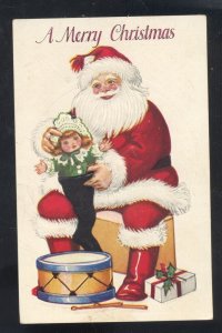 A MERRY CHRISTMAS LARGE SANTA CLAUS RED ROBE TOYS ANTIQUE VINTAGE POSTCARD