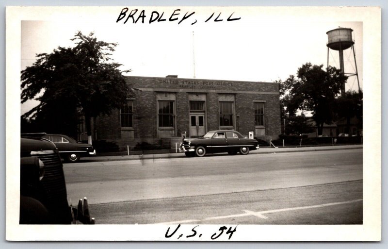Bradley~1950 Ford Custom 4-Door @ Post Office~Recruiter Posters~Water Tower~RPPC