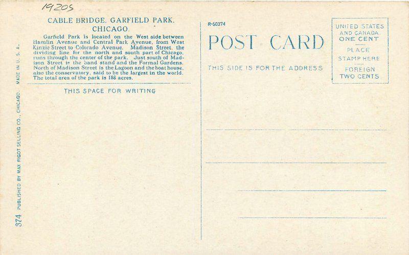 1920s Chicago Illinois Cable Bridge Garfield Park Rigot postcard 1689