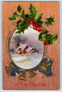 Beaver Dam Wisconsin WI Postcard Christmas Holly Berries Winter Scene Bells Nash