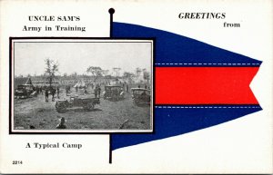 Pennant Postcard Uncle Sam's Army in Training Typical Camp Cars Tents ~1918 M71