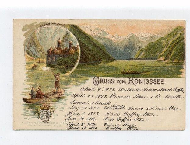 gr677-  Gruss Aus greetings Konigssee  chromo- art sent 1897 postcard