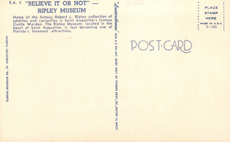 Ripley Museum Robert Collection Castle Warden St. Augustine Florida Postcard
