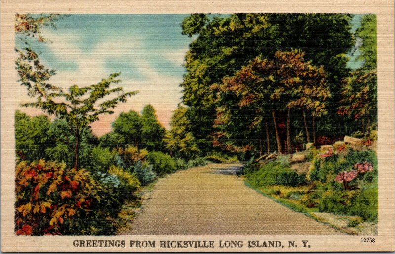 Vtg 1930s Greetings from Hicksville Long Island New York NY Linen Postcard