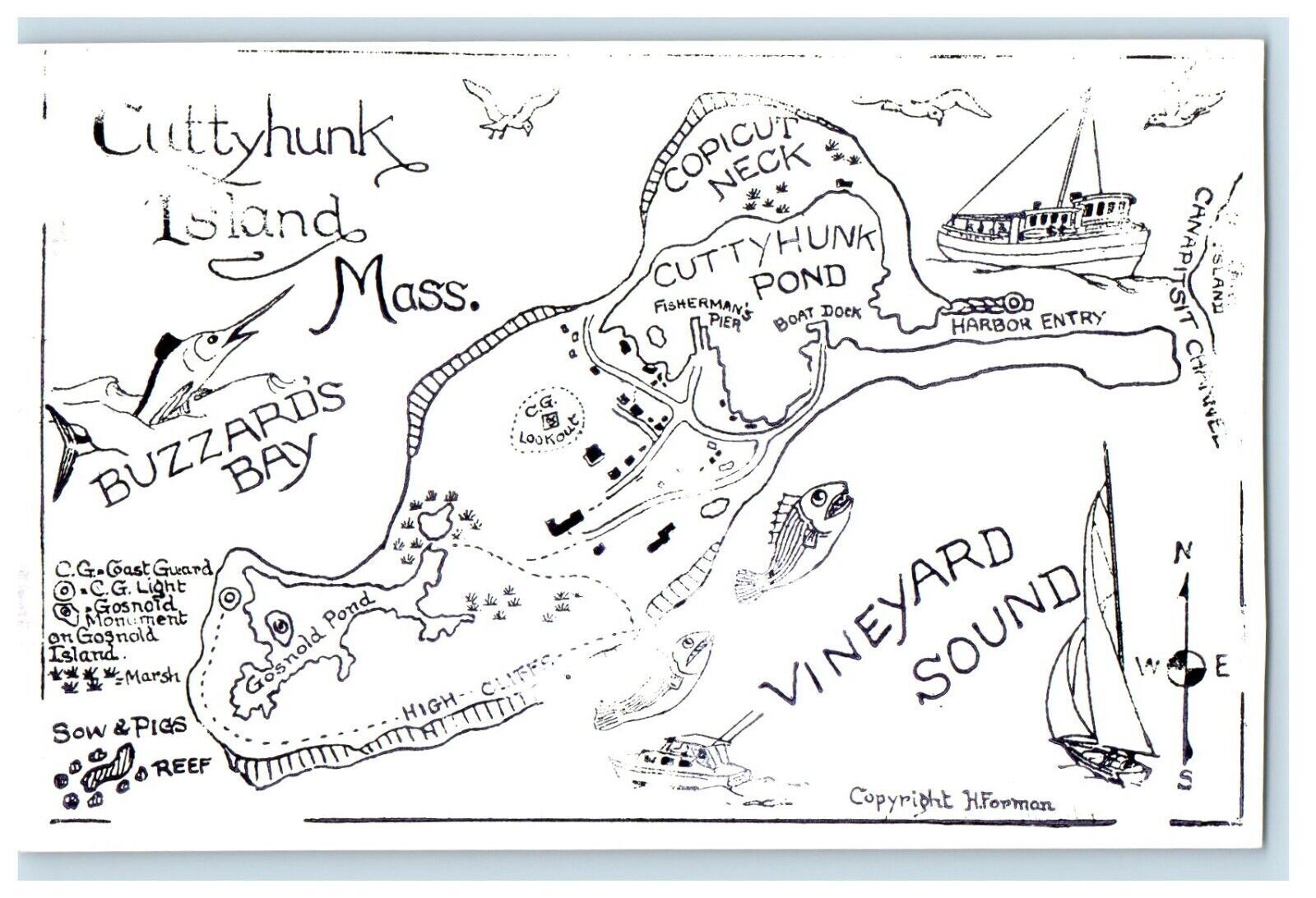 c1910's Map Of Cuttyhunk Island Massachusetts MA, Multiview Antique