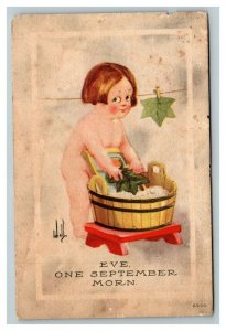 Vintage 1914 Comic Postcard - Cute Boy Washing His Fig Leaf in Washtub - Funny