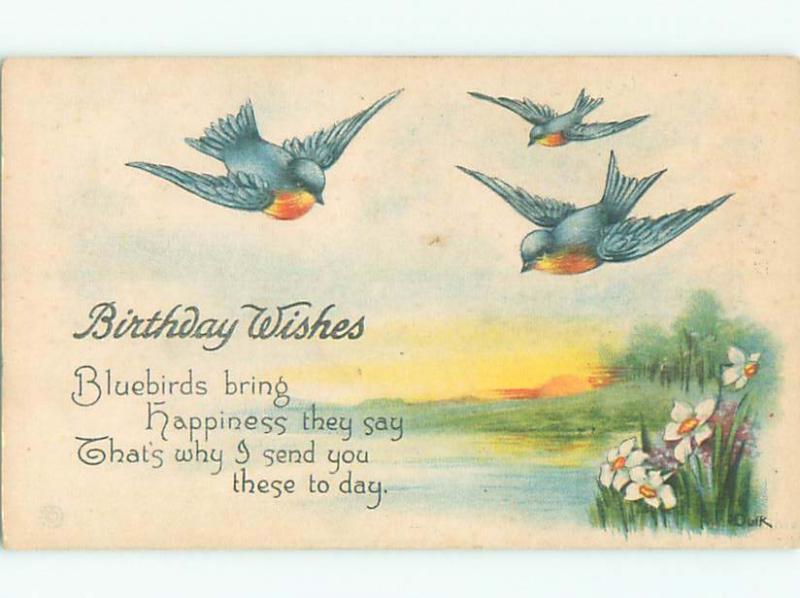 Unused Pre-Linen signed BEAUTIFUL BLUE BIRDS FLY OVER LAKE k8446