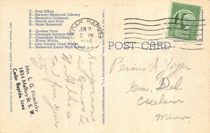 Iowa IA   CEDAR RAPIDS LARGE LETTER LINEN Greetings   1944 Curteich Postcard