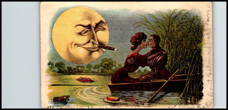 Couple in Rowboat Kissing Man in the Moon Romance BIN