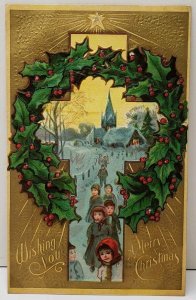 Christmas Lovely Golden Picturesque Children Holly 1908 York Rd MD Postcard E18