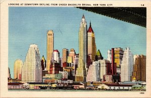 Looking at Downtown Skyline from Under Brooklyn Bridge NYC Postcard PC189