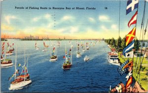 Biscayne Bay Miami Florida Fishing Boat Parade Linen Cancel WOB Postcard 