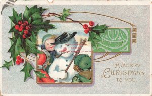 New Year,  Unknown UP185-1, Children with Snowman Smoking a Pipe