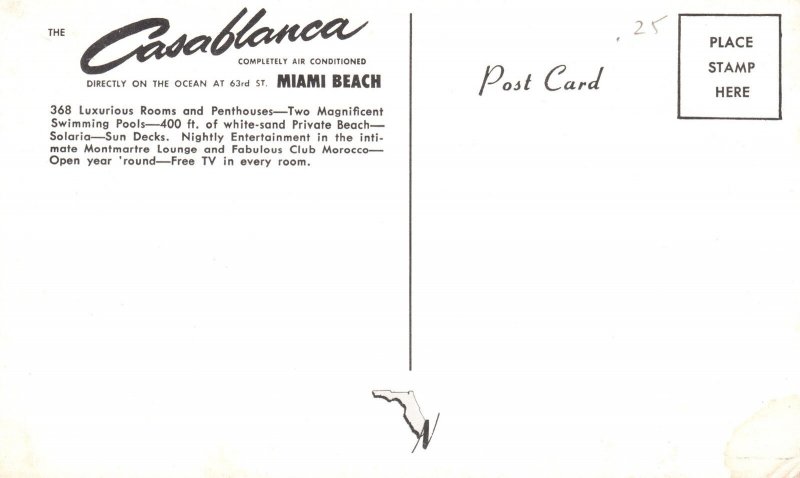 Vintage Postcard Casablanca Oceanfront Rooms Penthouses Miami Beach Florida Fla.