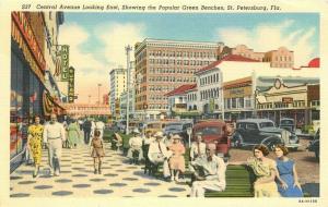 Central Avenue Green Benches St Petersburg Florida 1930s Postcard 2977