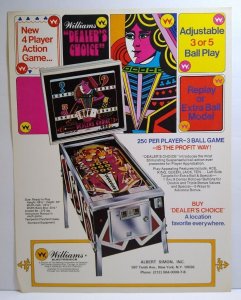 Dealers Choice Pinball Flyer Original 1974 Game Playing Cards Theme 8.5 x 11