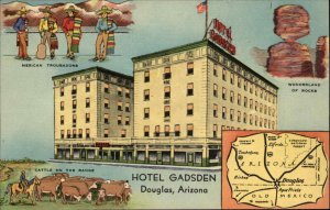 Douglas Arizona AZ Hotel Gadsden Map Cowboys Linen Vintage Postcard
