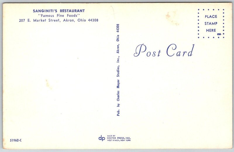 Akron Ohio 1950s Postcard Sanginiti's Restaurant