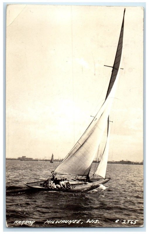 1940 Harbor Sailboat Milwaukee Wisconsin WI Chicago IL RPPC Photo Postcard