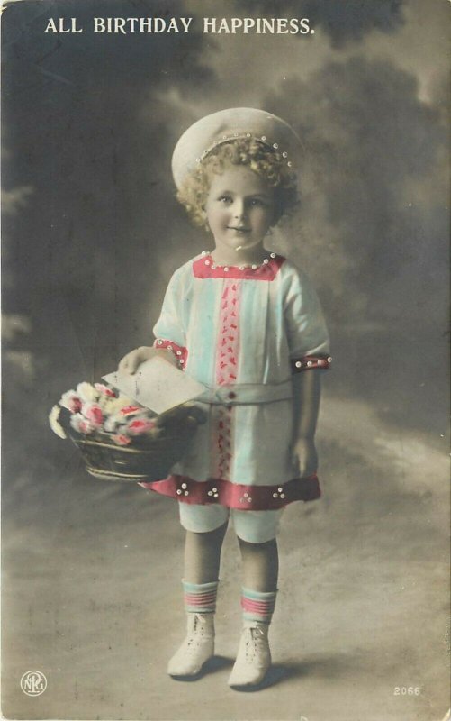 Hand-Colored RPPC Birthday Postcard 2066 Beautiful Child in Rose & Blue, Germany