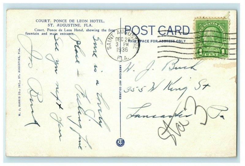 Court Ponce De Leon Hotel St. Augustine Florida 1936 Vintage Postcard 