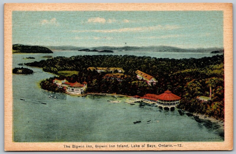 Postcard Lake of Bays Ontario c1930s Bigwin Inn Island Aerail View Muskoka PECO