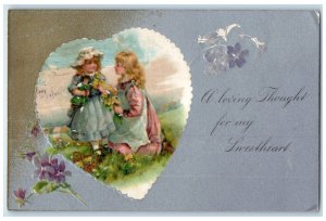 1911 Valentine Heart Girls Picking Flowers Nash Waterville Maine ME Postcard