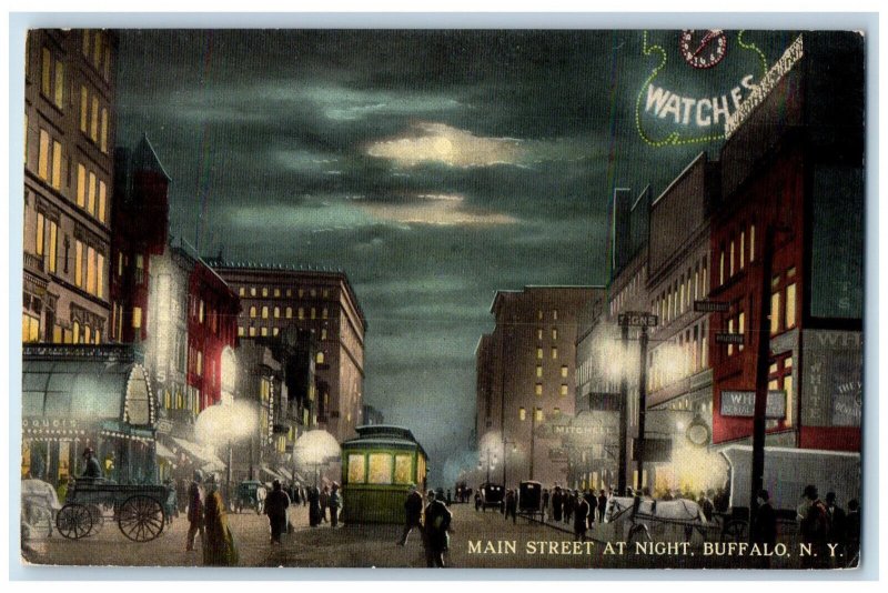 c1910 Trolley Car Mitchell Main Street at Night Buffalo NY Antique Postcard