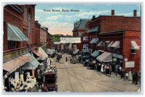 c1910's Front Street Crowd Colonial Cafe Carriage Railway Bath Maine ME Postcard
